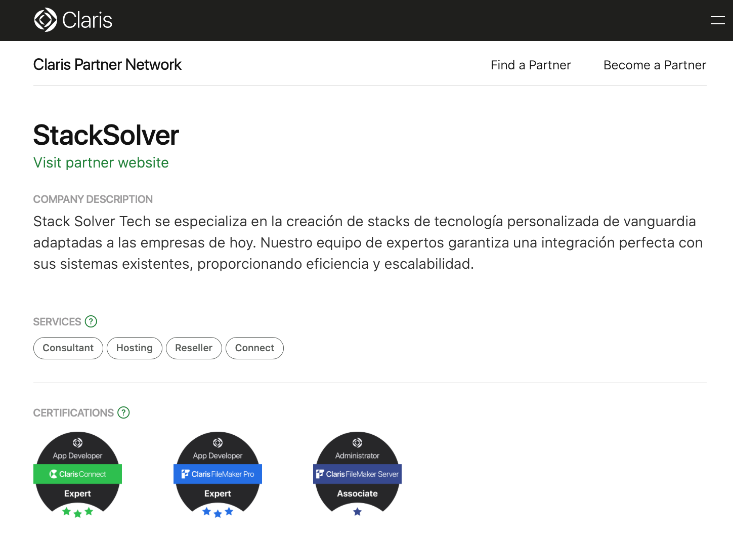 Resumen del perfil de StackSolver en Claris Partner Network