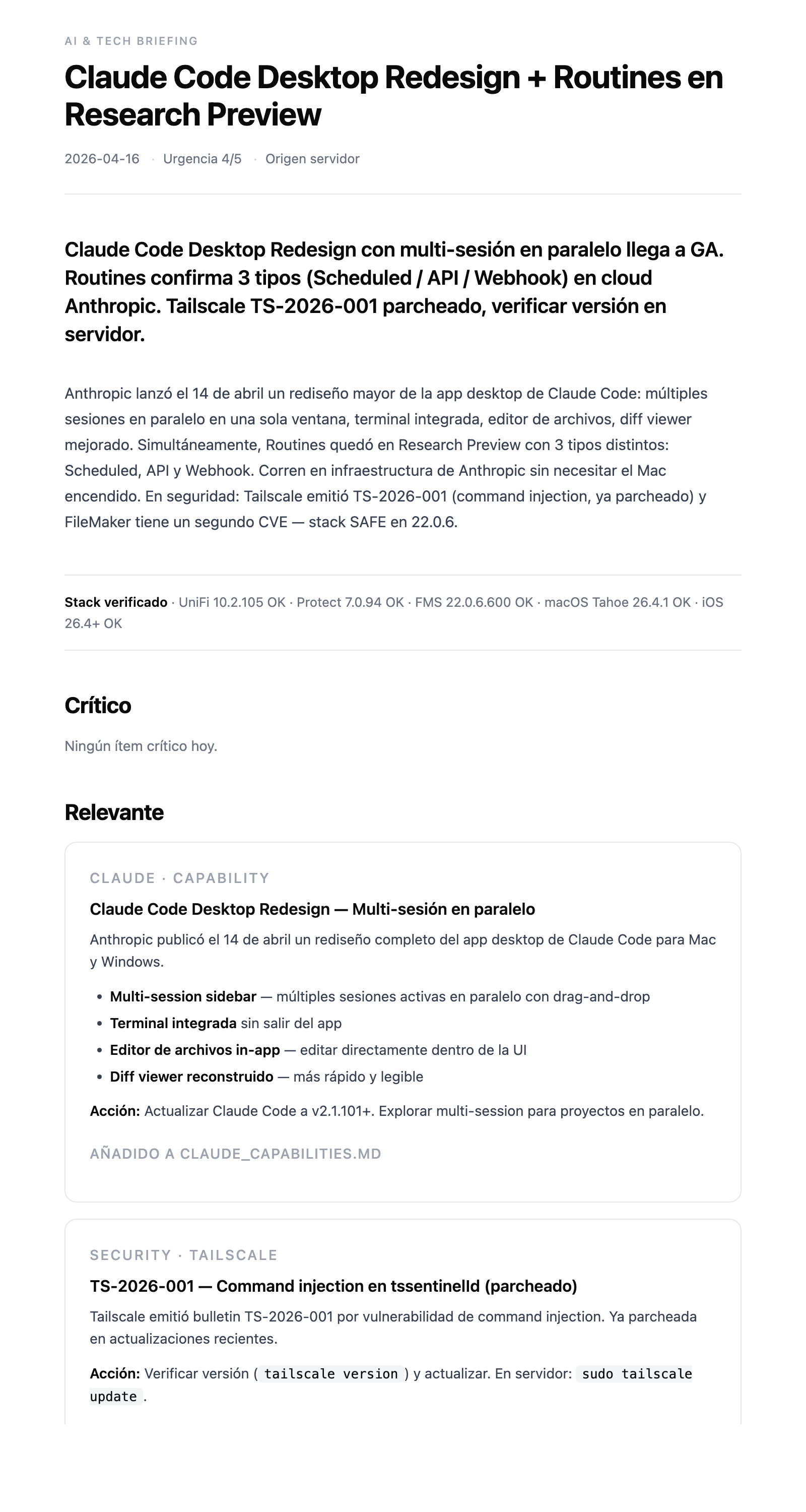 Ejemplo de briefing matinal: email con seccion critica, relevante, stack verificado y plan de accion